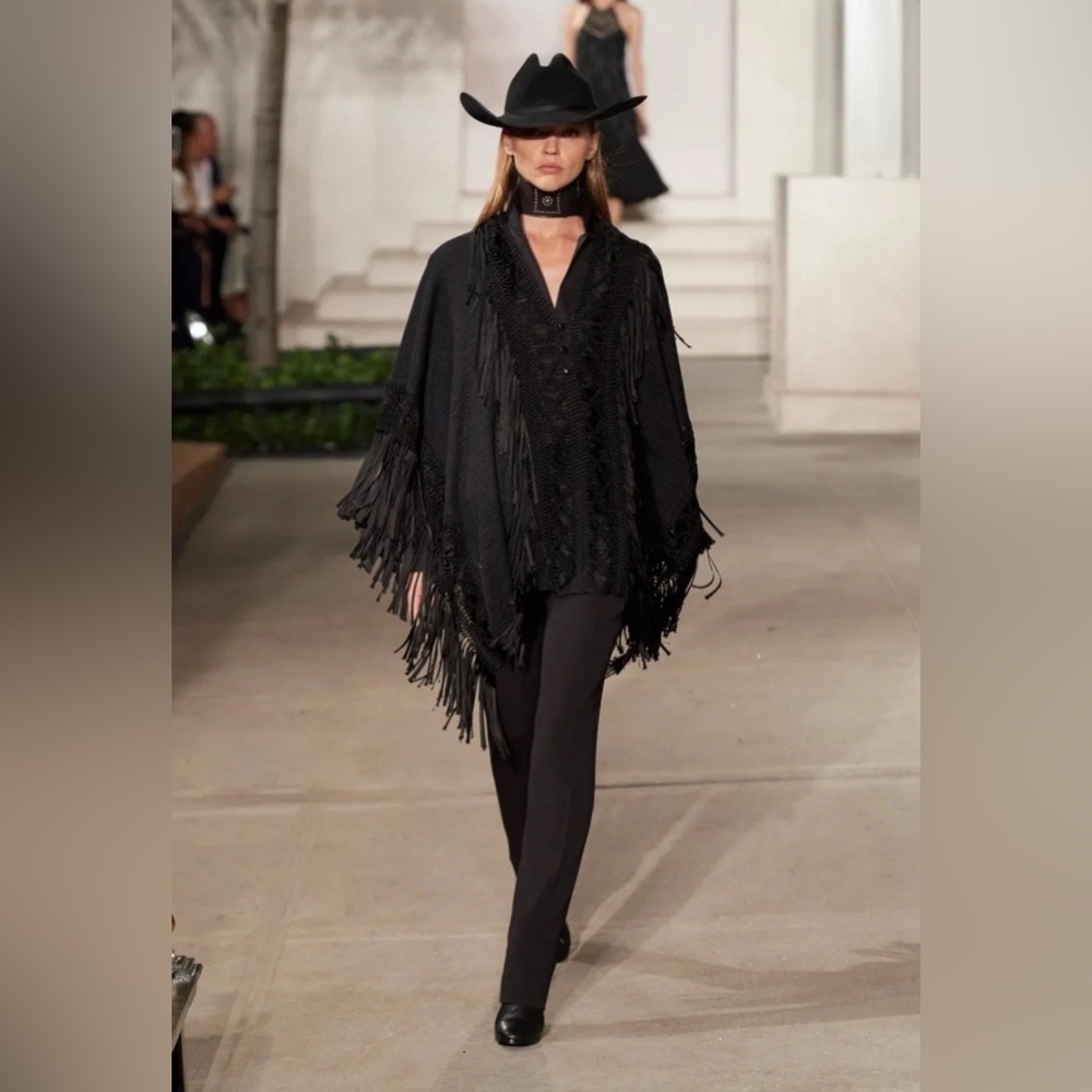 Ralph Lauren Collection Black Silk Fringe Poncho Runway Southwestern Crochet NWT - Picture 2 of 6
